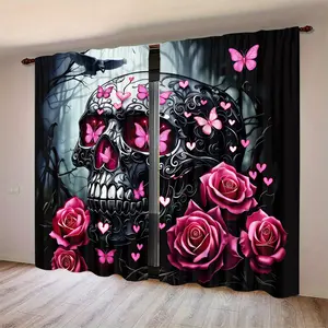 Gothic Skull & Rose Print Curtains Set, Semi-Opaque Polyester Fabric, Modern Design, Bedroom & Living Room Drapes, Room Decor Curtain