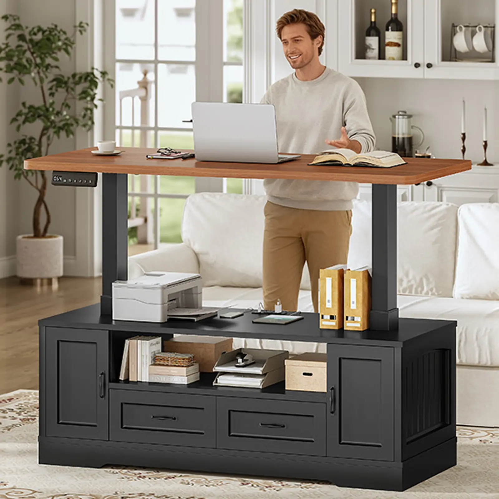 Sedeta 47.2-Inch Farmhouse Electric Standing Coffee Table - Height-Adjustable Lift-Top, Foldable, with Storage Drawers, Open Shelves and Power Outlets