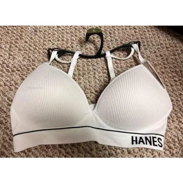 b"Hanes Originals Women's Ribbed Seamless Contour Bra White Size XL"