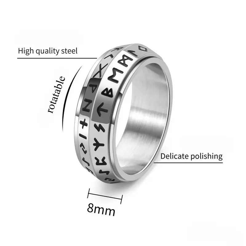 Retro Nordic Viking Rune Titanium Steel Rotating Neutral Ring - Stainless Steel Jewelry, Metal Engraving Ring for Men, Ideal for Ceremonies, Metal Engraving Rings