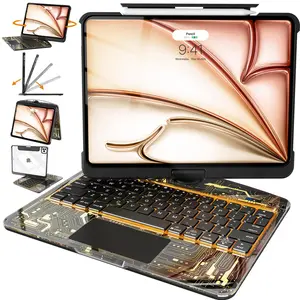 NAIDUN 360° Rotatable Keyboard Case for iPad 10.9-13inch Clear Hard PC Back 7 Color Backlight Wireless Usb Tablet Transparent Black