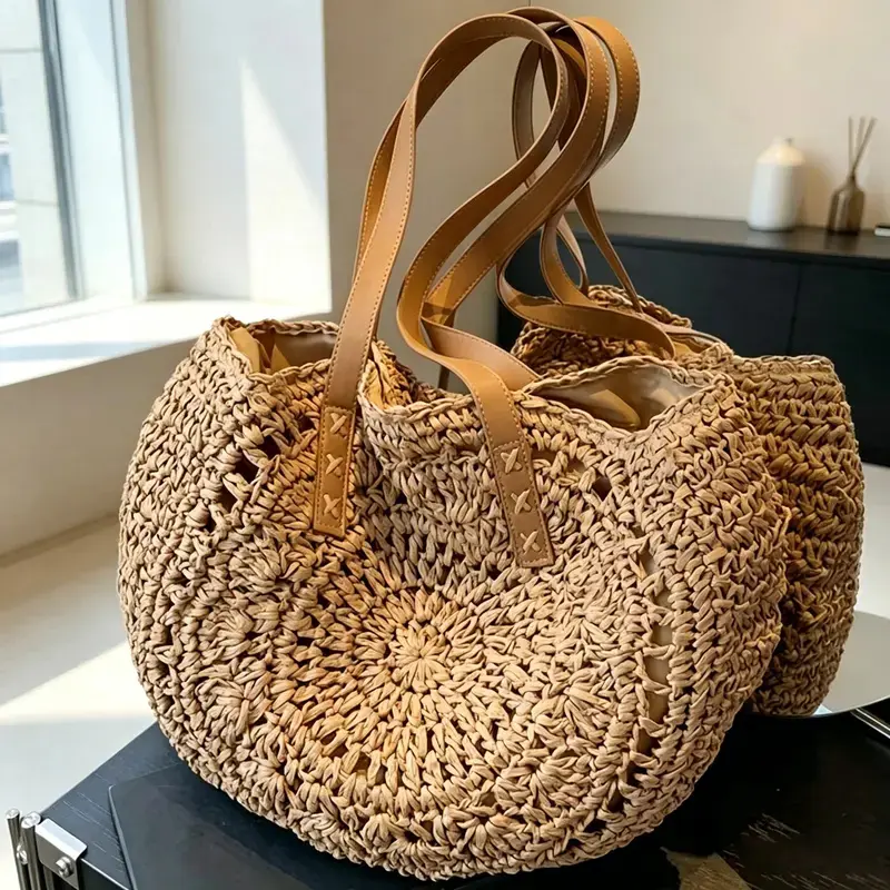 Women's Straw Woven Tote Bag, Large Capacity Shoulder Bag for Women with Double Handles, Lightweight Boho Handbag, Summer Beach Vacation Travel Bag, Casual Everyday Purse for Work, College, Shopping and Resort Trips
