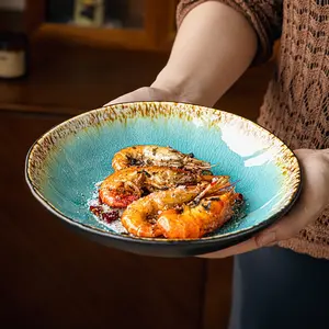 Ice Crack Glazed Ceramic Dinner Plate, Irregular Shape Deep Dish, Home Use, Dishwasher Safe, Non-Bone China Material