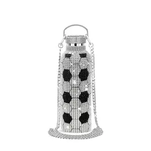 Soccer Bling Water Bottle Stainless Steel Thermal Bottle, Insulated Refillable Glitter Water Bottle with Chain, Great Gift Idea for Girls(500ml/16.9 oz) Drinkware Flasks Tumbler Container Reusable Bottled Mug Portable Rhinestone