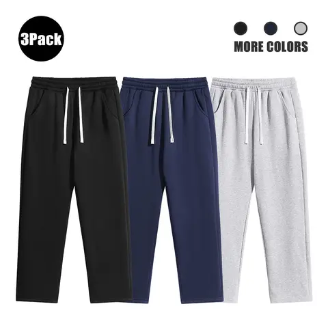Men's 3-Pack Athleisure Menswear Plain Straight-Cut Fleece-Lined Polyester Sweatpants - Drawstring Waist, Jogging Pants, Black & Deep Blue & Gray, Gray Sweatpants for Gym, Running
