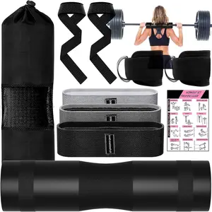 Barbell Pad Set for Squat,10 PCS  Thrusts Workout  Weight Lifting Bar Cushion with 2 Gym Ankle Straps,3  Resistance Bands,2 Lifting Strap,Barbell Pad and Carry Bag