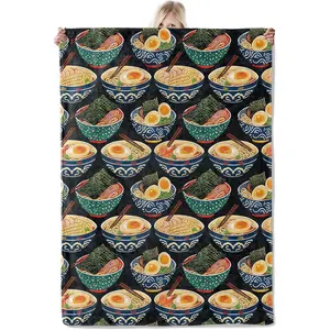Japanese Ramen Noodle Blanket,Asian Food Lightweight Flannel Throw with Noodles Bowl Chopstick and Egg,Playful Home Living Room Decor,Gifts for Kids, Foodies Lovers