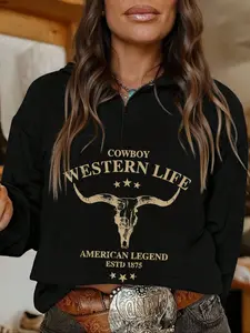 Women's Casual Loose-Fit Half-Zip Sweatshirt, Western Cowboy Print, High Neck, Lightweight Comfortable, Perfect for Fall & Winter