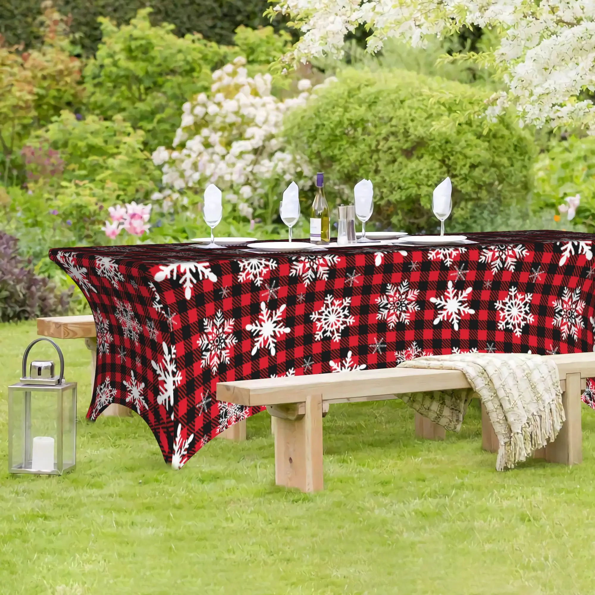 6ft Christmas Red Black Buffalo Plaid Snowflake Stretch Fitted Tablecloth - Wrinkle & Stain Resistant Polyester Spandex Tablecover for Holiday Parties, Kitchen Decor, Holidays, Party