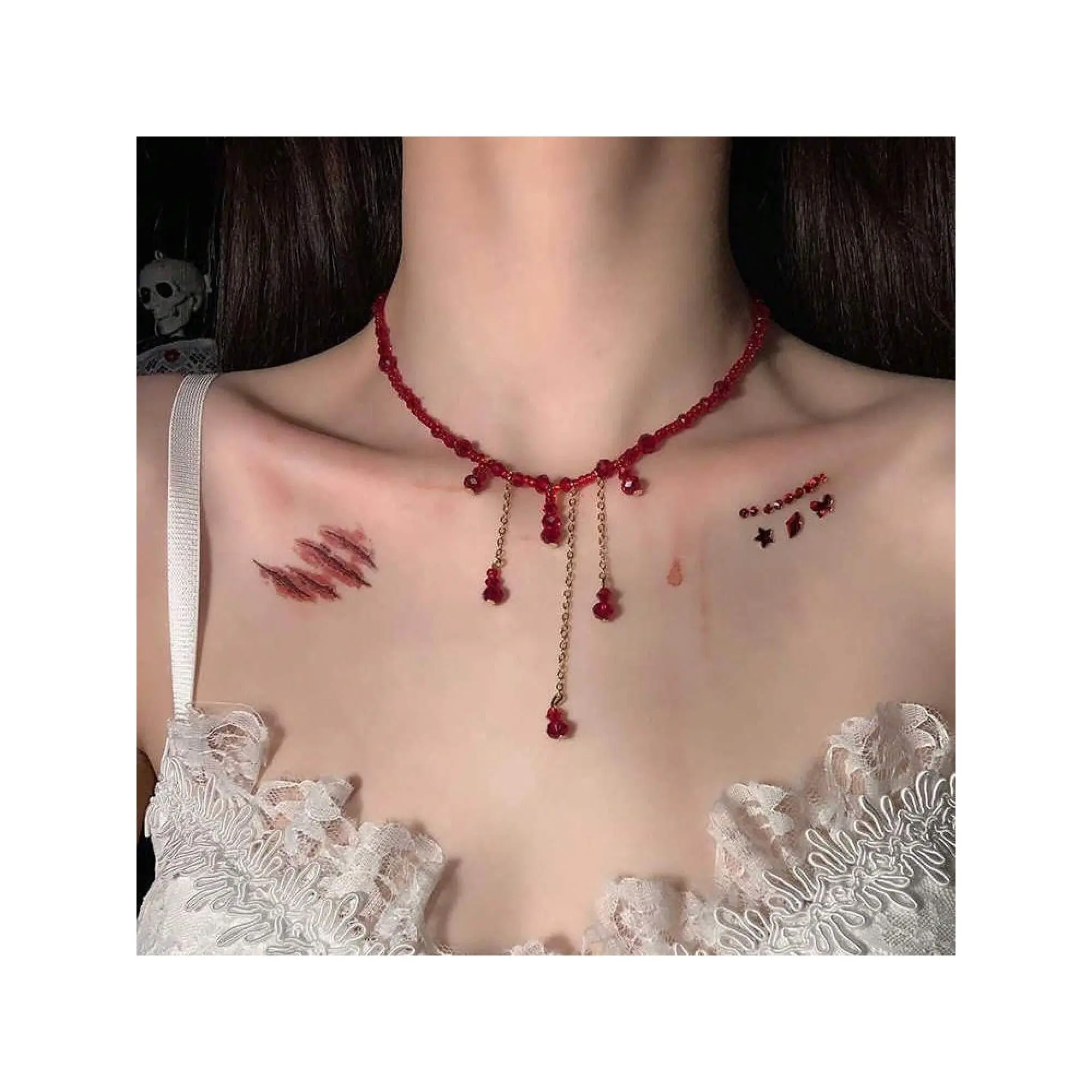 1pcs Minimalist Blood Drop Crystal Necklace Halloween Tassel Collarbone Choker For Women