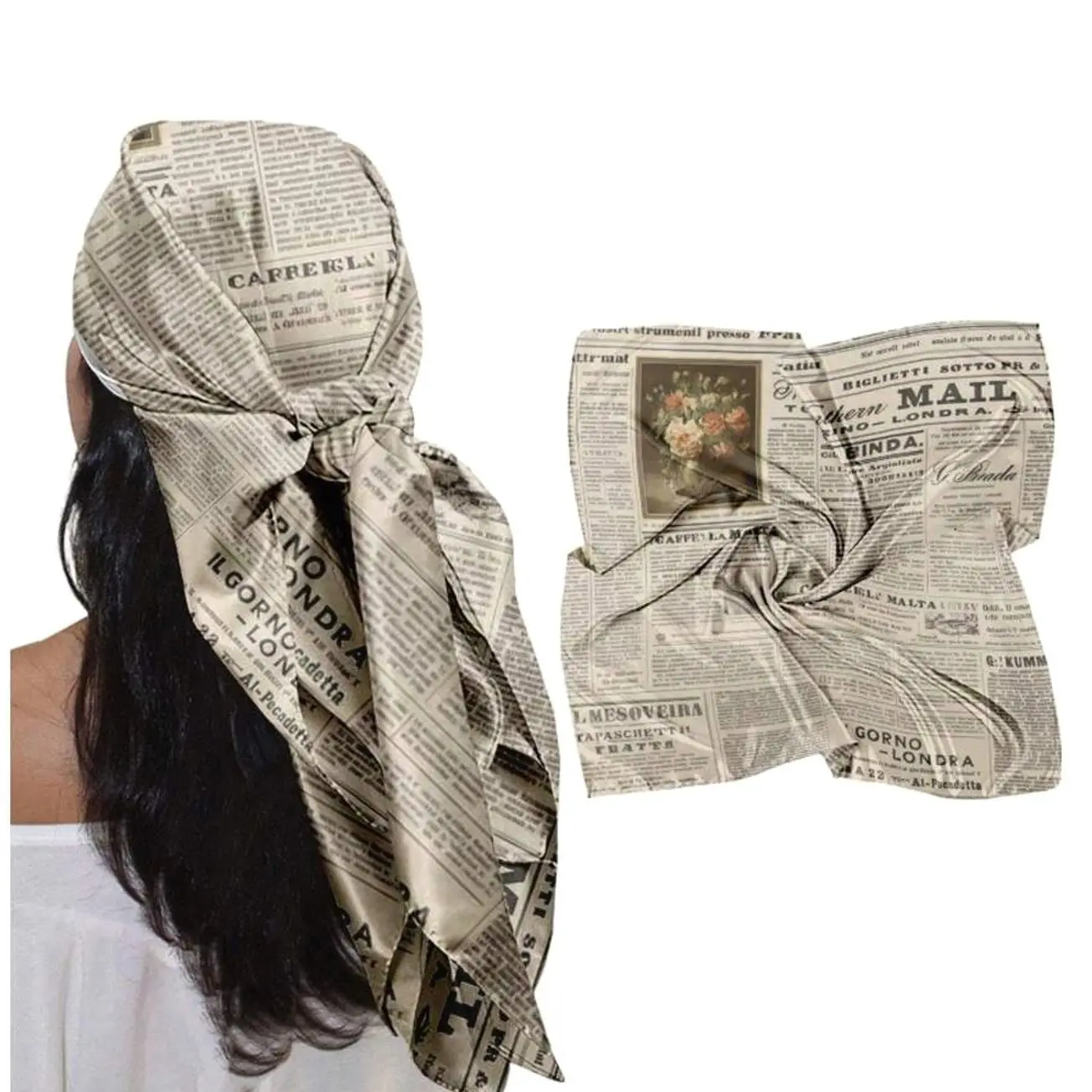1pc 90cm Women's Satin Hair Scarf, Vintage Print Square Bandana, Boho Head Wrap, Lightweight Neck Scarf, Beach Vacation Travel Hair Accessory
