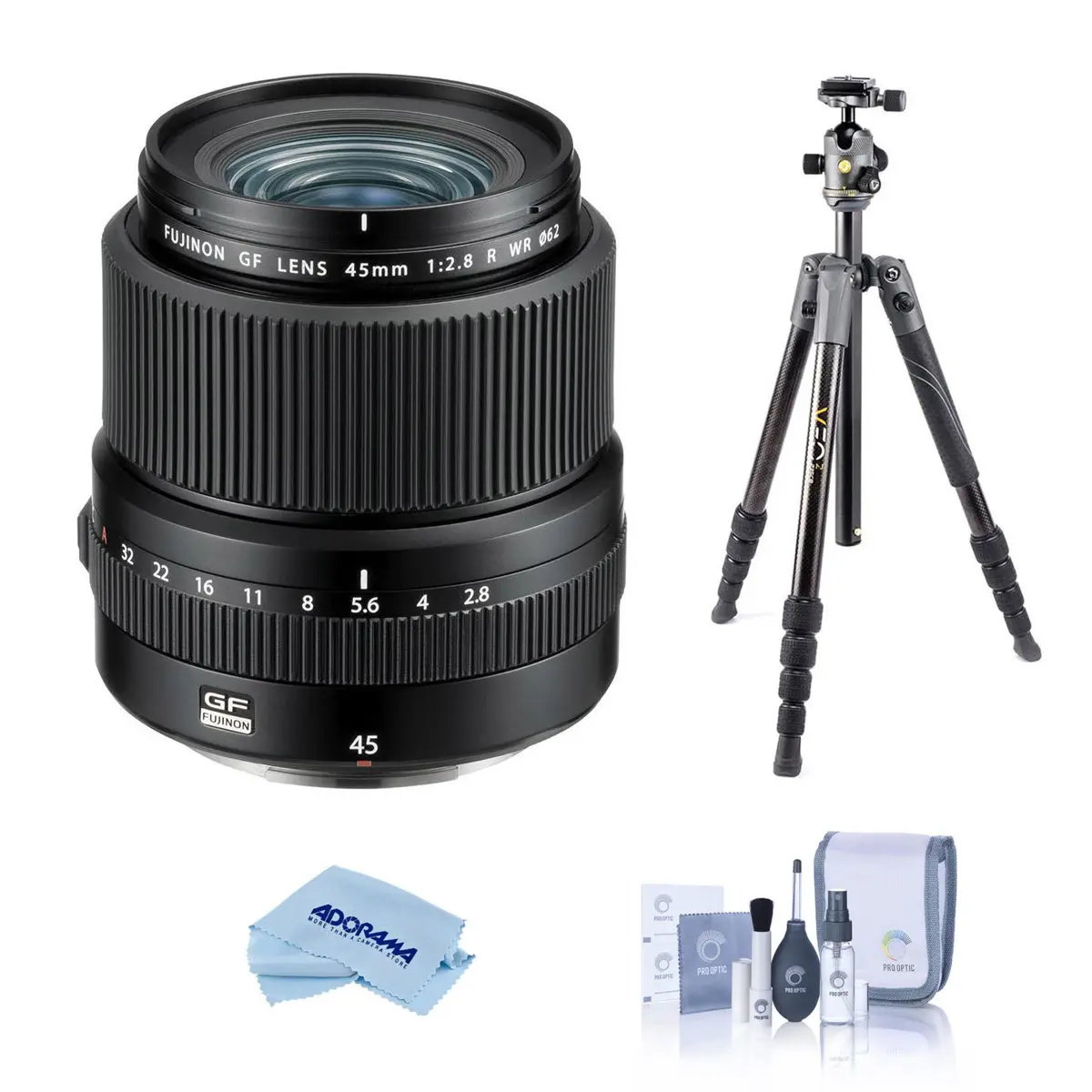 Fujifilm GF 45mm f/2.8 R WR Lens, Bundle with Vanguard VEO 3 GO 235AB 23mm 5-Section Aluminum Travel Tripod with T-50 Ball Head, ProOptic Cleaning Kit, Cleaning Cloth