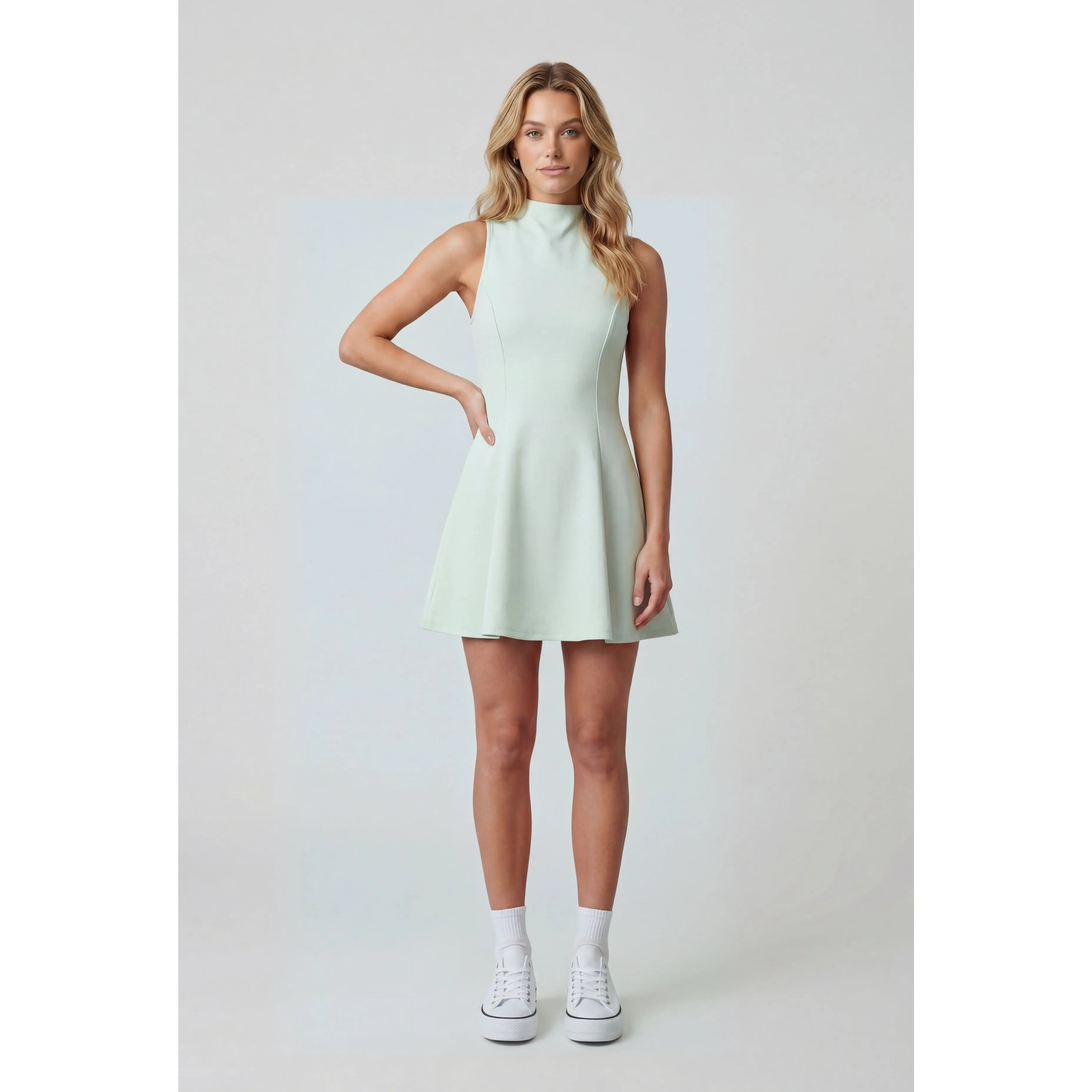 Pintuck Mock Neck Skater Dress