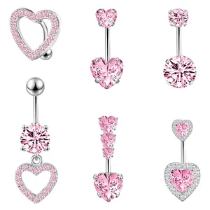 6Pcs/Set Pink Heart Belly Button Ring,Surgical Steel Navel Ring,14G Pink Belly Button Piercing Cute Belly Ring for Women,Christmas Party Gifts,Hand Tools Kits,Summervibes