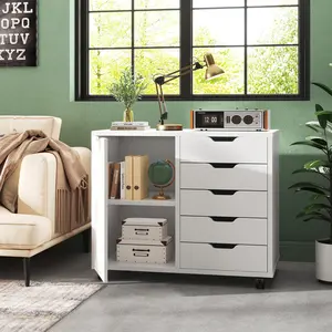 5 Drawer File Cabinet Office Drawers Organizer with Wheels Rolliing, Under Desk Cabinets with Shelves and Door Printer Stand with Wood Board Metal Frame for Home Office Storage Craft Room