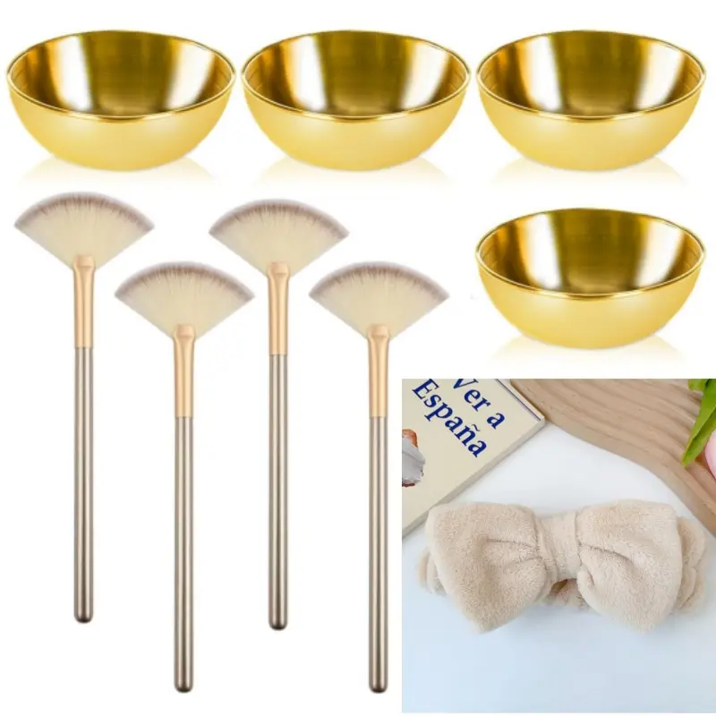 Simple and Stylish 9-Piece Professional Cosmetic Facial Mask Blending Kit - 4 Stainless Steel Golden Mixing Bowls, 4 Fan Brushes, Soft Bow Hairband, Practical Matching for Clay, Powder DIY Spa Prep, No Fuss Travel & At-Home Use (Ideal Gift)