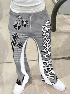 Men's Vintage Bell Bottom Pants, American Cross Print Hip Hop Streetwear Casual Fitted Long Pants, Comfortable Fabric, Versatile Travel Sports Pants