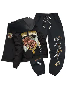 Spring And Autumn New Men's Two-Piece Set Trendy Personalized Finger Letter Print Pattern Zipper Hooded Jacket With Drawstring Waist Casual Pants Men'S Outfit