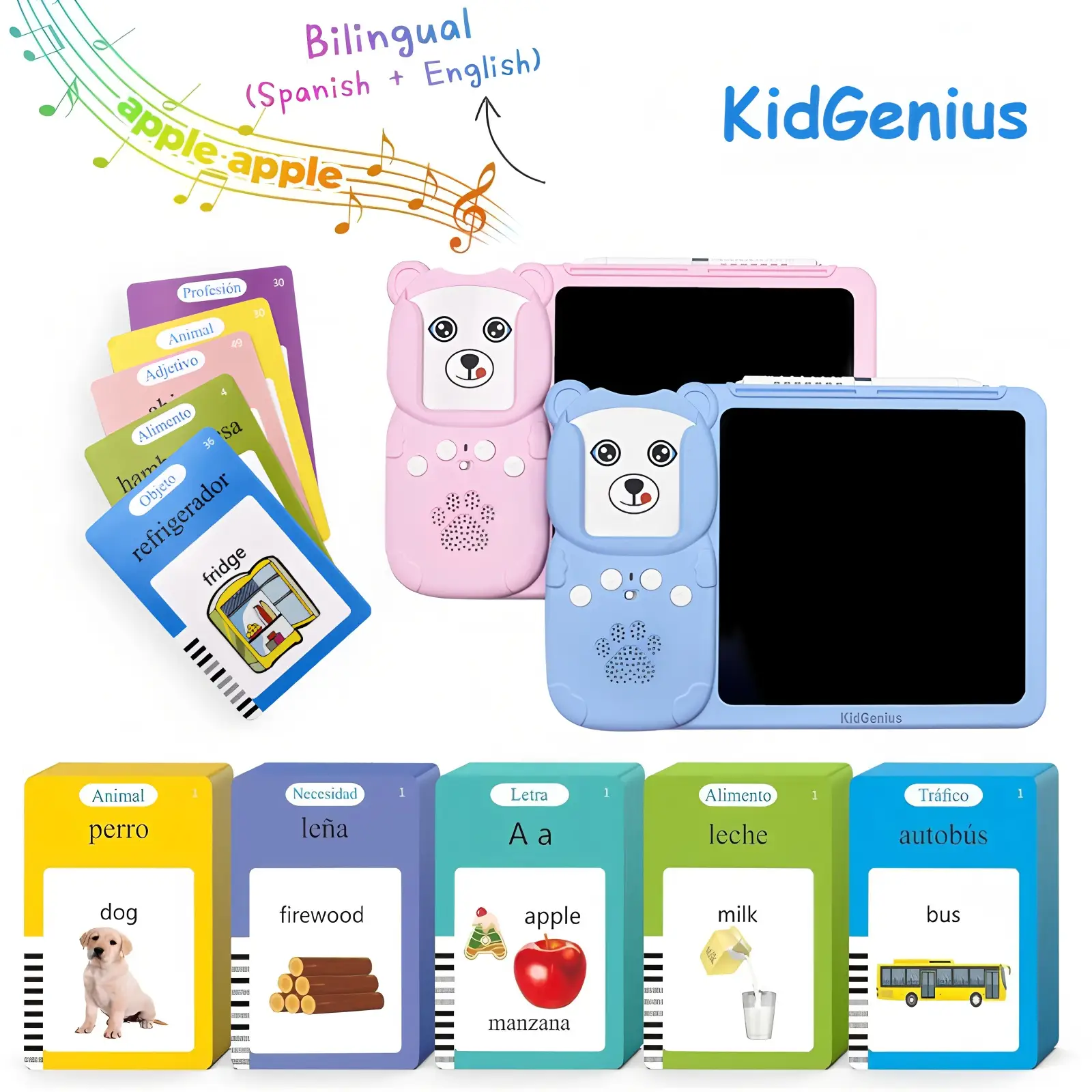 KidGenius Bilingual Learning Flashcards and Writing Pad for Children Educational Toy Spanish and English 510 Vocabulary Words Portable Design LCD Scre
