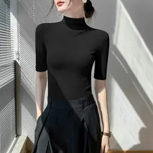 Turtleneck Sweater Bottom Shirt Women's Medium Sleeve Short Sleeve Tops Spring Summer Autumn Slim Black Knit Inside t-shirt Soft