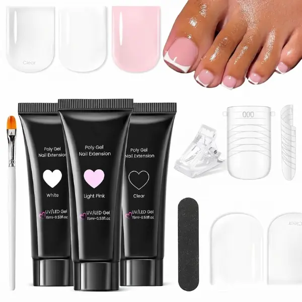 Hema-Free Polygel Toes Kit Set, Basic Beginner-Friendly Kit with Transparent White Pink Shades, Reusable 16-Size Dual Toe Nail Forms, Slip Solution, Brush & Clips