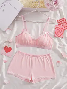 Valentine's Day Cute Sweet Lace Bow Bra Set, Milk Silk Two-Piece Lingerie Sleepwear, Half Cup No Underwire Design, Romantic Home Wear