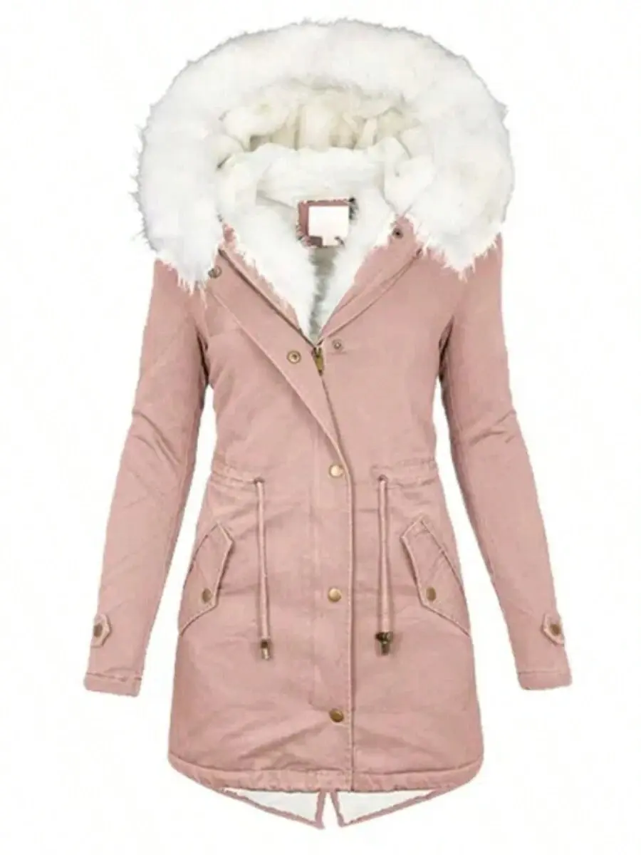 Womens Pink Hooded Long Coat Winter Warm Outerwear with Faux Fur Trim Drawstring Waist Mid Length Flattering Jacket Cozy Casual Daily Wear for Cold Weather Season