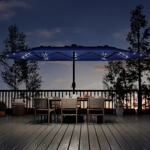 15FT Large Rectangular Patio Umbrella w/ 36 LEDs Solar Lights & Base, Outdoor – Crank Handle, UV Protection for Market, Backyard, Deck, Pool