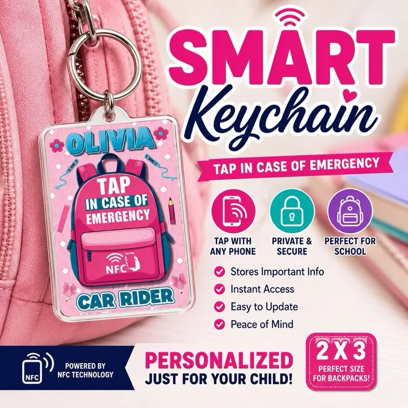Personalized Smart Backpack Keychain | Tap in Case of Emergency | Custom School Bag Tag | Car Rider | Bus Rider | Child Safety