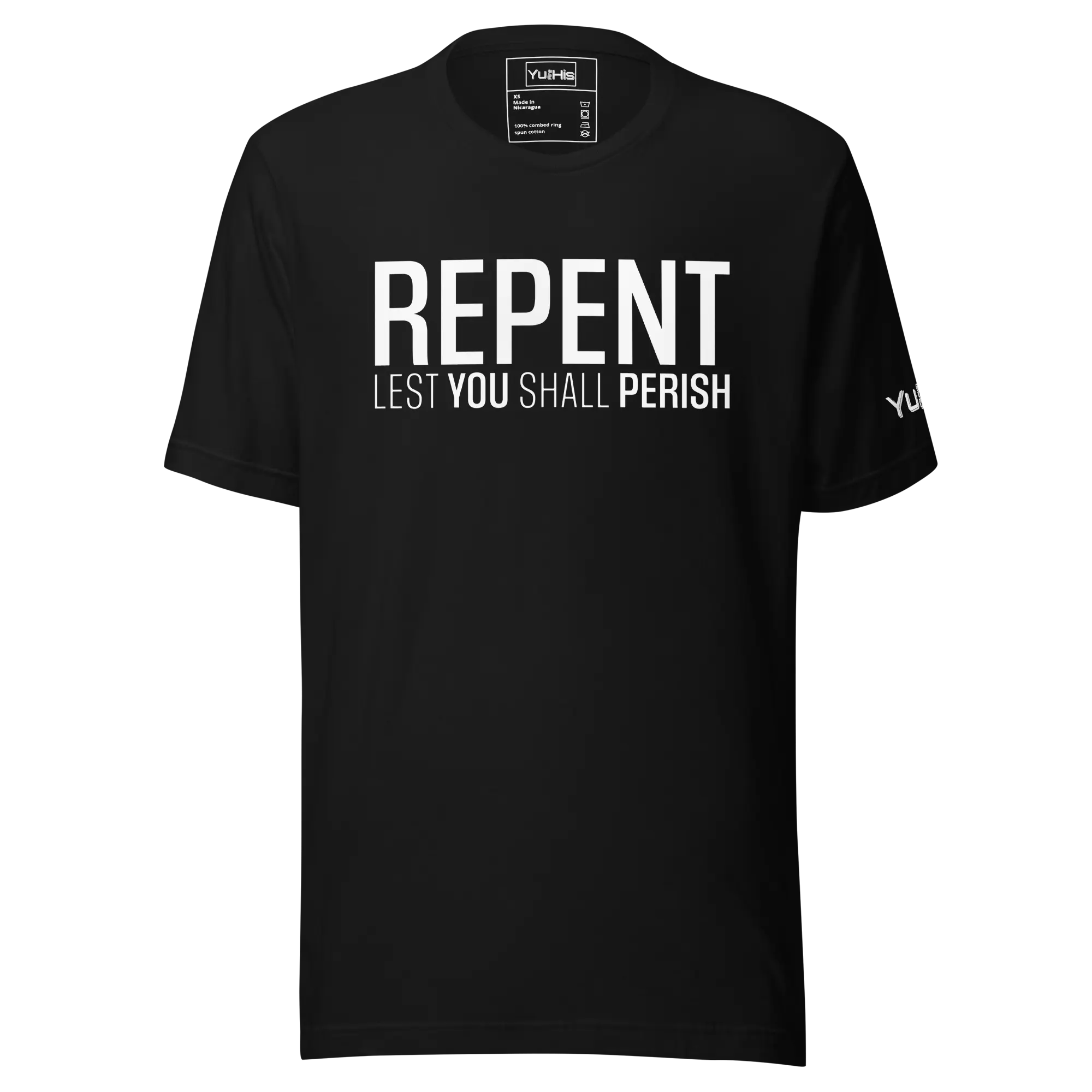 Repent Tee - Black Cotton T-Shirt with "REPENT" and "LEST YOU SHALL PERISH" Text, Short Sleeve, Comfortable Fit for Men