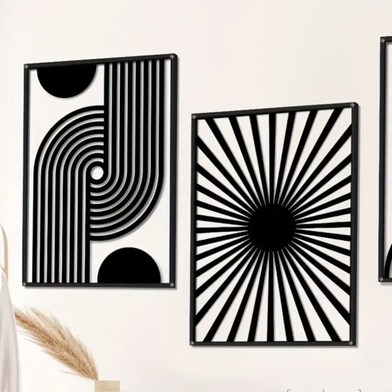 3-piece set of black Bohemian wall art, black metal abstract wall art, Modern Abstract Design, Hanging Wall Art, modern geometric minimalist wall decoration, geometric bathroom curtains, durable home decor