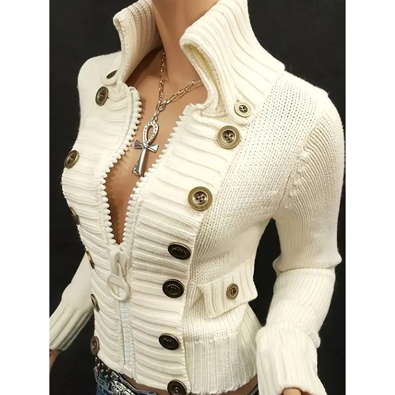 Women's Elegant Knit Cardigan - Front Zipper, Multi Buttons, Stand-Up Collar, Structured Fit, Casual Textured Ribbed Knit, All-Season Coverup for Office Professionals (Sports & Outdoor Outerwear), Tops, Knitwear, Acrylic, Office Wear, Short Length