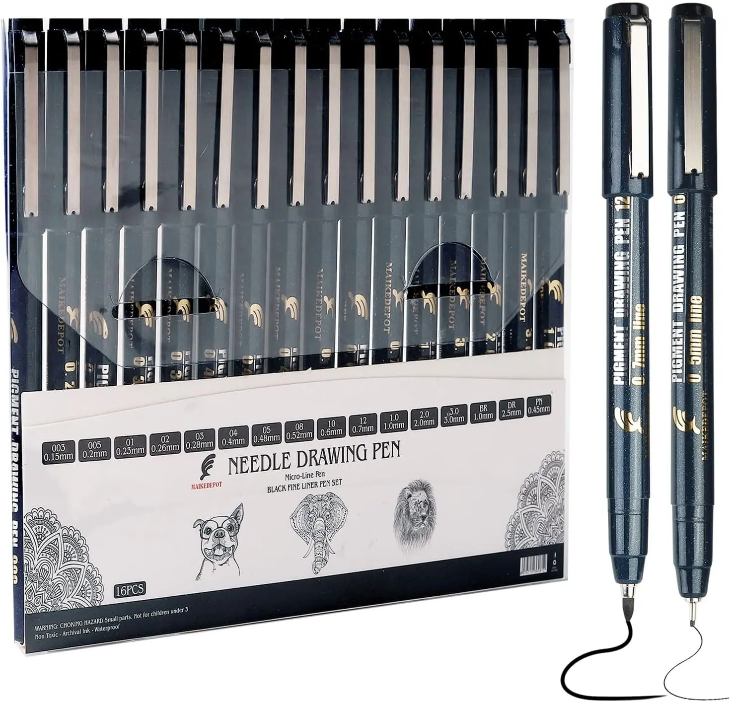 16 Pack Micro Fineliner Drawing Pens - Waterproof Black Ink, Assorted Tip Sizes for Sketching, Manga, Anime, Comic, Art Writing, Journaling & Architectural Design