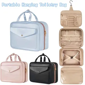 Waterproof PU Leather Travel Makeup Organizer for Women, Hanging Toiletry Bag with 4 Compartments, Portable Large Capacity Cosmetic Bag collapsible
