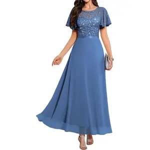 DRESSTELLS Women's Formal Modest Wedding Guest Sequin Prom Dresses, Cocktail Sequin Mother of Bridemaid Aline Fit Flare Evening Holiday Party Lace Dress Greyblue XL