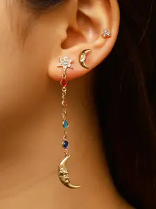 Star Moon Earrings Set, Dreamy Star Moon Earrings Set, Long Fringe Pendant Studs, Elegant Jewelry Gift for Women
