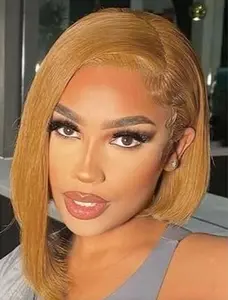 GK #27 Color Straight Bob Wig with Bangs Brazilian Remy Human Hair Wigs for Black Women Honey Blonde Human Hair Wig 13x4 HD Transparent Lace Front Wig 180% Density Pre Plucked Glueless Wigs 12inch