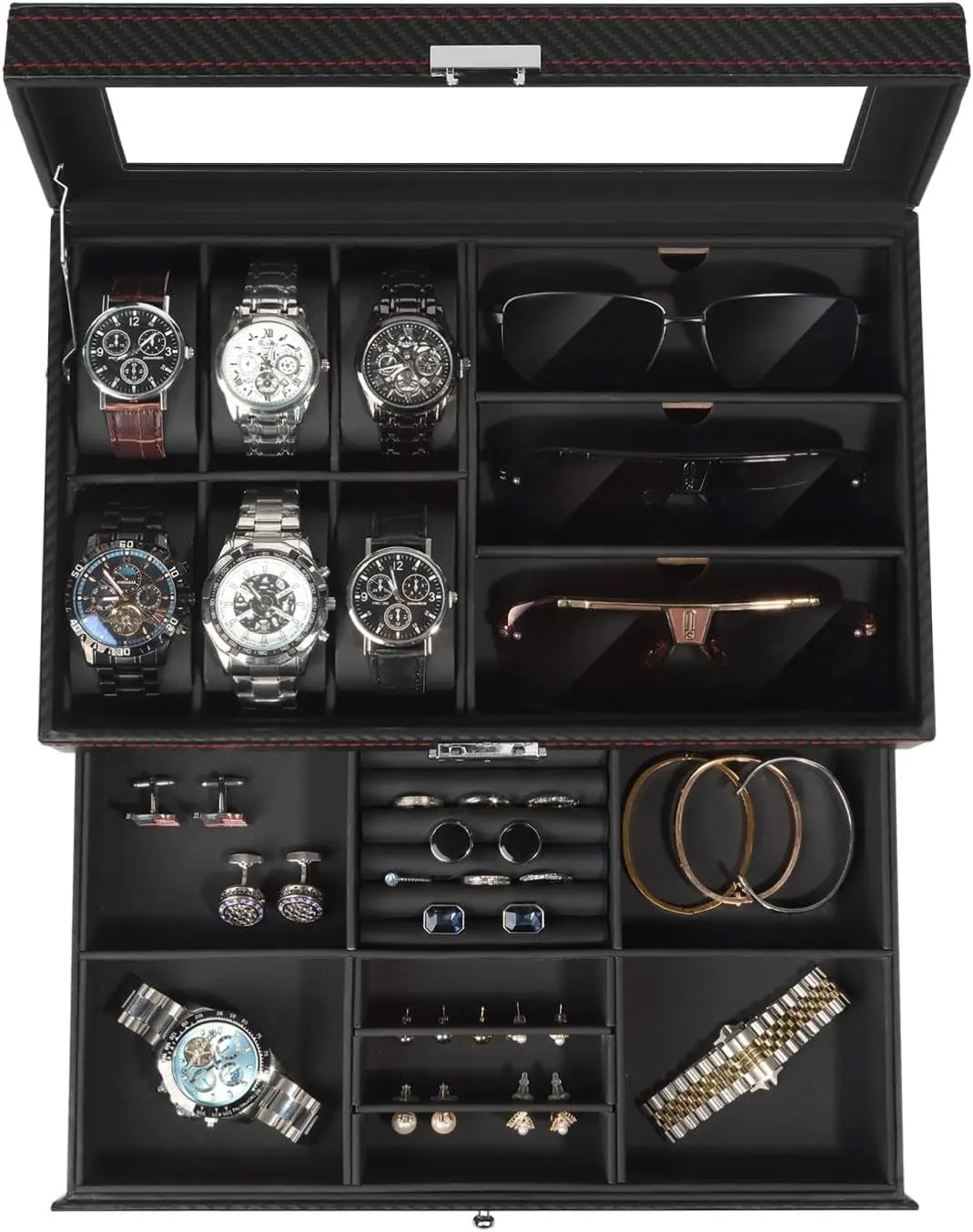 Jewelry Box for Men, 6 Slot Watch Box Jewelry Organizer With Drawer, Watch Case with Large Window, 2-Layer Watch Holder, Sunglasses Storage Organizer, Velvet Lining, Great Fathers Day Gift
