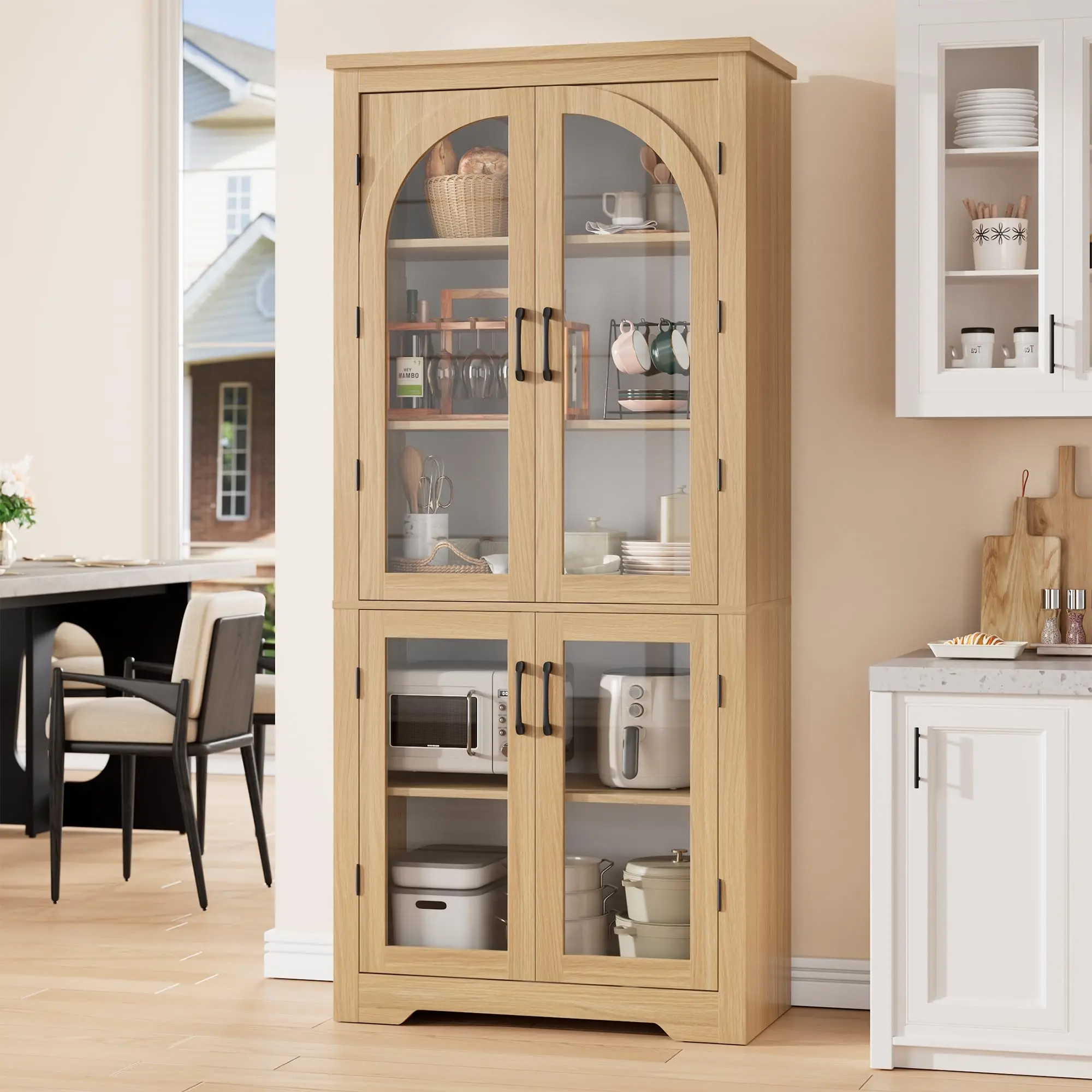 Garvee 70" Tall Kitchen Pantry Cabinet - Modern Display Cabinet with 4 Arched Glass Doors and Adjustable Shelves, Versatile Cupboard Organizers for Kitchen, Dining Room, Living Room, Bathroom, Natural