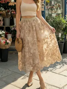 Women's A-Line Floral Embroidered Dress, Slim-Fitting Medium-Length Mesh Skirt, Spring New High-End Design, Elastic Waist