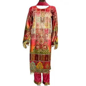 Women's Velvet digital print rhinestone work Salwar Suit Set Kurta Pant with Dupatta Pink Kurta Set for Women