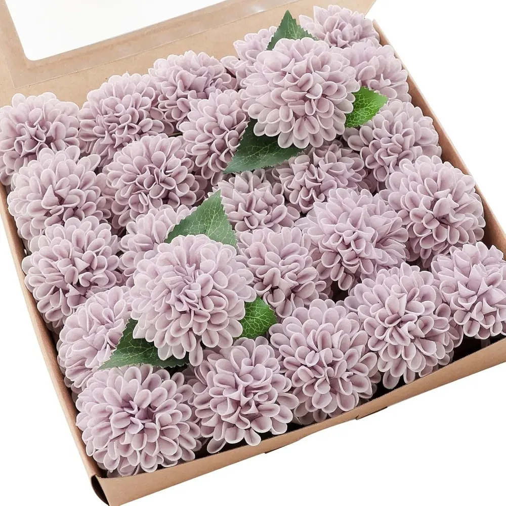 25pcs Pale Lavender PE Foam Dahlia Flowers with 8" Wire Stems & Leaves - Realistic Large Blooms for DIY Wedding Bouquets, Bridal Shower Centerpieces - Flexible Stems, Decor, Room Decor, Universal Arrangement Compatibility