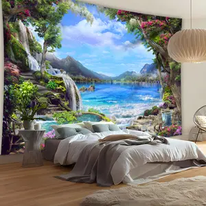 [2D Flat Printing] 1pc Ultra large size Waterfalls Trees Lake Scenery Landscape Photo Background Cloth Wall Hanging Large Size Polyester Tapestry for Living Room Bedroom Office Home Room Party Decoration with Free Hanging Clips