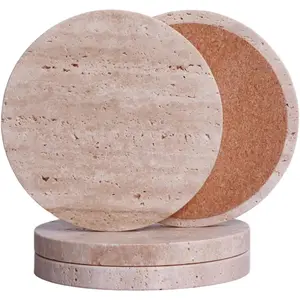 -Travertine-Stone-Coasters Set of 4-Round -4" Diameter Drink Coasters for Housewarming Desktop Protection Suitable for Various Cups - Sturdy and Durable Aesthetics