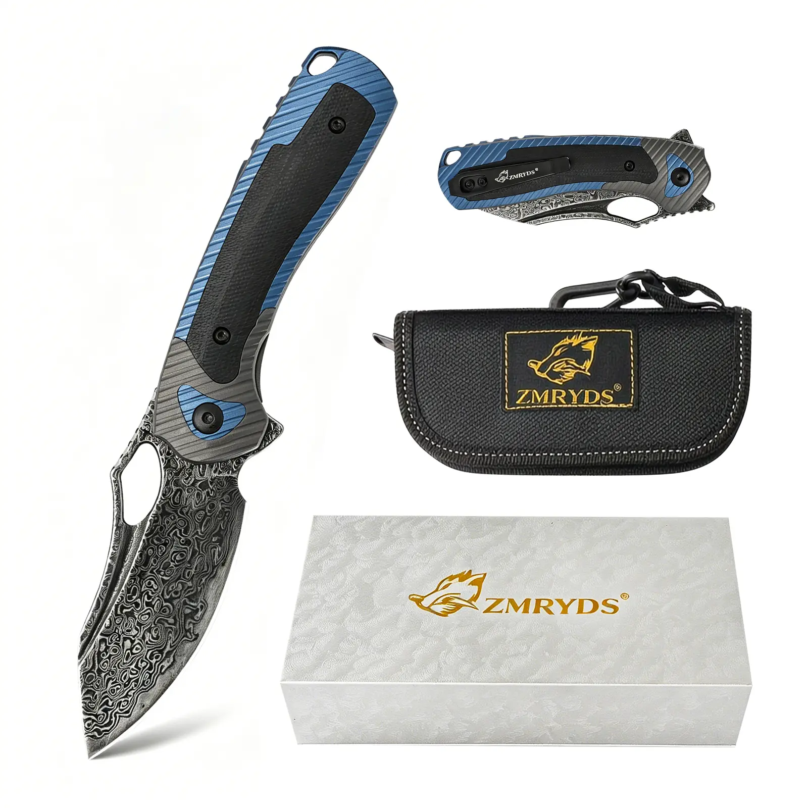 ZMRYDS FD1006 VG10 Damascus Folding Pocket Knife, 2.91in Blade Aluminum G10 Handle EDC Outdoor Camping Survival Knife 60-62HRC