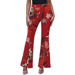 Red & Green Floral Flared Pants Size XL Breathable Comfortable