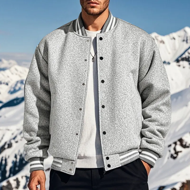 Menswear Men's Slim-Fit American Street-Style Ribbed Striped Stand-Collar Snap-Closure Long-Sleeve Dropped-Shoulder 2-Side-Pockets Lightweight Baseball Jacket, Casual for Commuting & Campus Wear