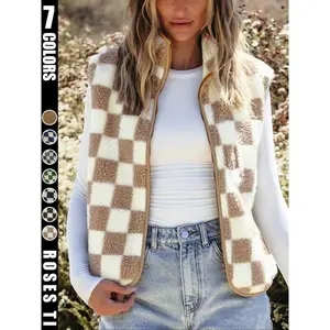 Ins style checkerboard plush vest women's autumn and winter outerwear short style shoulder retro square grid loose vest jacket top