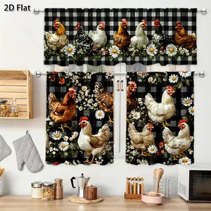 SoftHaven Home 3-Piece 2D Flat Farmhouse Chicken Daisy Curtain Set - Made in USA, Polyester Farm-Themed Printed, Premium Decorative Drapes for Farmhouse Kitchen & Indoor Home Styling