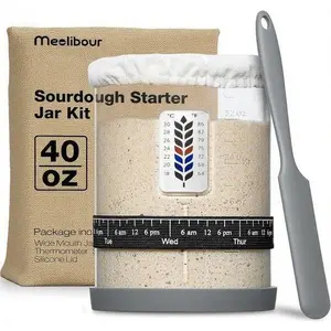 40oz Wide Mouth Glass Sourdough Starter Kit with Marked Feeding Band - Baking Supplies for Homemade Bread, Includes Thermometer, Scraper, Cloth Cover & Silicone Lid/Base - Reusable, Durable Container for Fermenting & Storing
